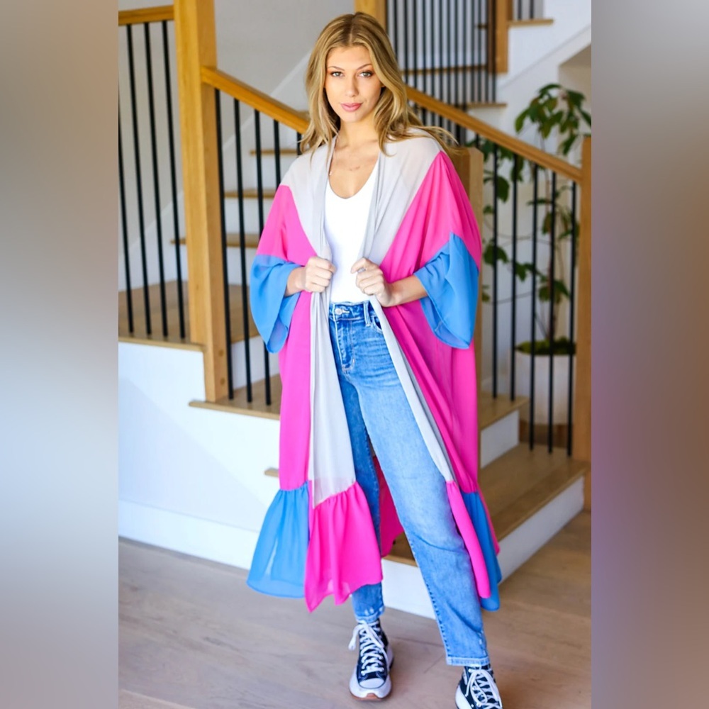 Feel Your Best Taupe & Fuchsia Color Block Ruffle Hem Kimono